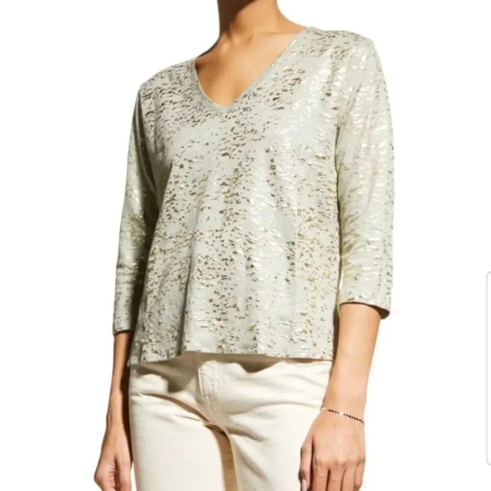 Majestic Filatures Stretch Linen Metallic Novelty 3/4-Sleeve Blouse Top size L